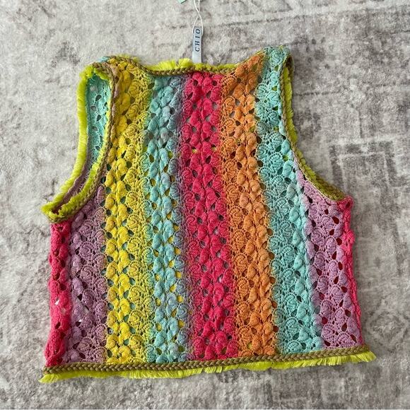 Chio Di Stefanis Crochet Knit Crop Sleeveless Top Rainbow Sz XS New Italy - Picture 6 of 10